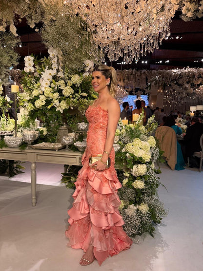 Strapless 3D Floral High-Slit Ruffle Evening Gown