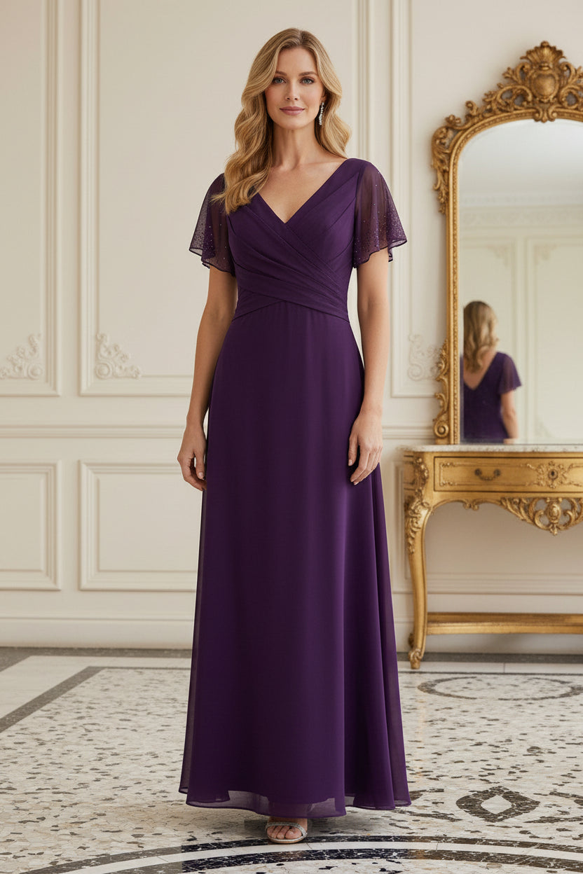 Pleated V-Neck Flutter Sleeve Chiffon Maxi Dress