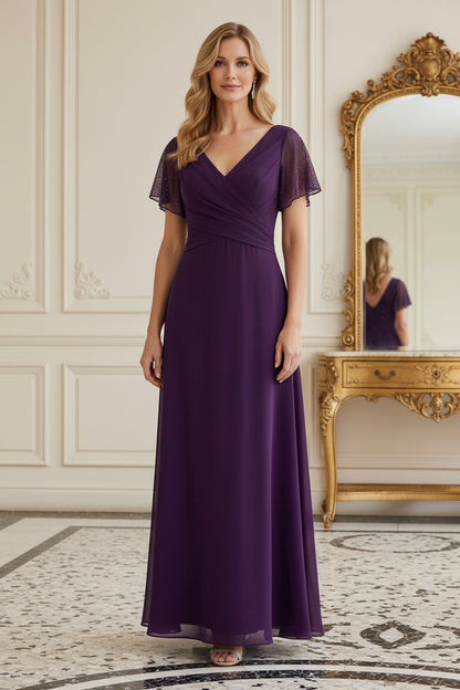 Pleated V-Neck Flutter Sleeve Chiffon Maxi Dress