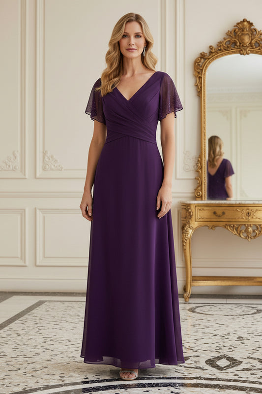 Pleated V-Neck Flutter Sleeve Chiffon Maxi Dress