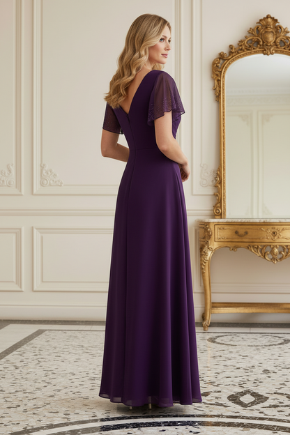 Pleated V-Neck Flutter Sleeve Chiffon Maxi Dress