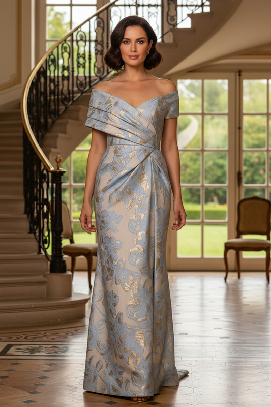 Asymmetric Off-the-Shoulder Metallic Jacquard Gown