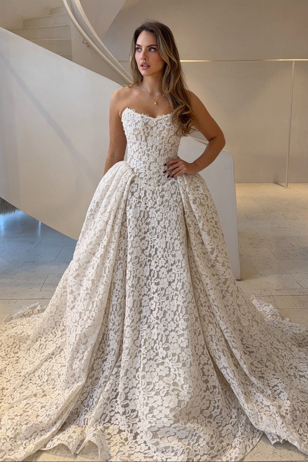 Strapless Floral Lace Basque Waist Ball Gown Wedding Dress