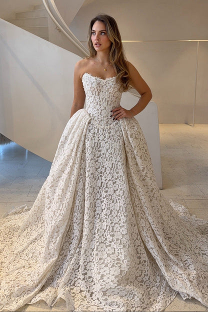Strapless Floral Lace Basque Waist Ball Gown Wedding Dress