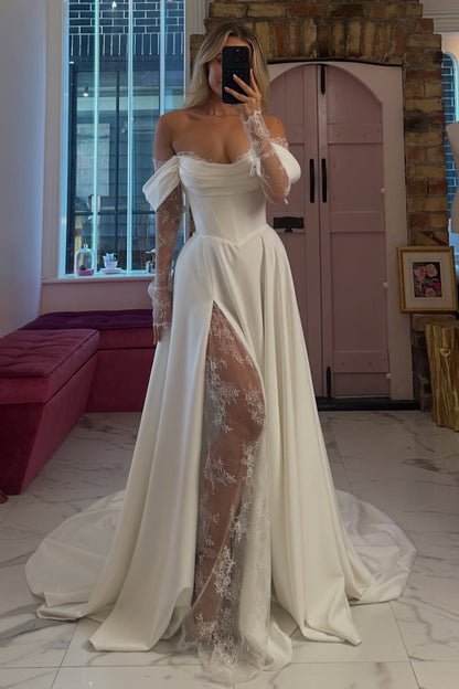 Off-Shoulder Corset Wedding Gown with Lace Slit