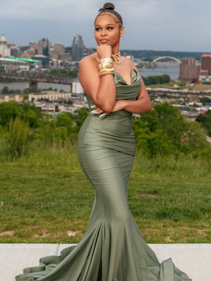 Strapless Cowl Neck Ruched Satin Mermaid Evening Gown
