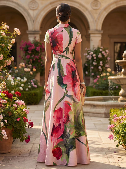 Floral Shawl-Collar A-Line Maxi Dress