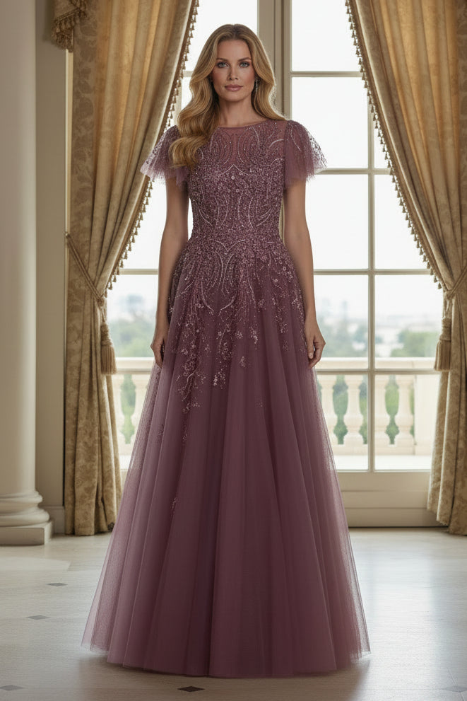 Illusion Beaded A-Line Gown with Flutter Sleeves