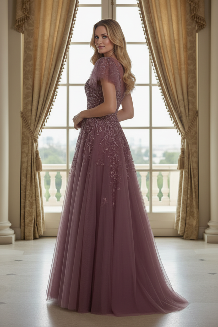 Illusion Beaded A-Line Gown with Flutter Sleeves