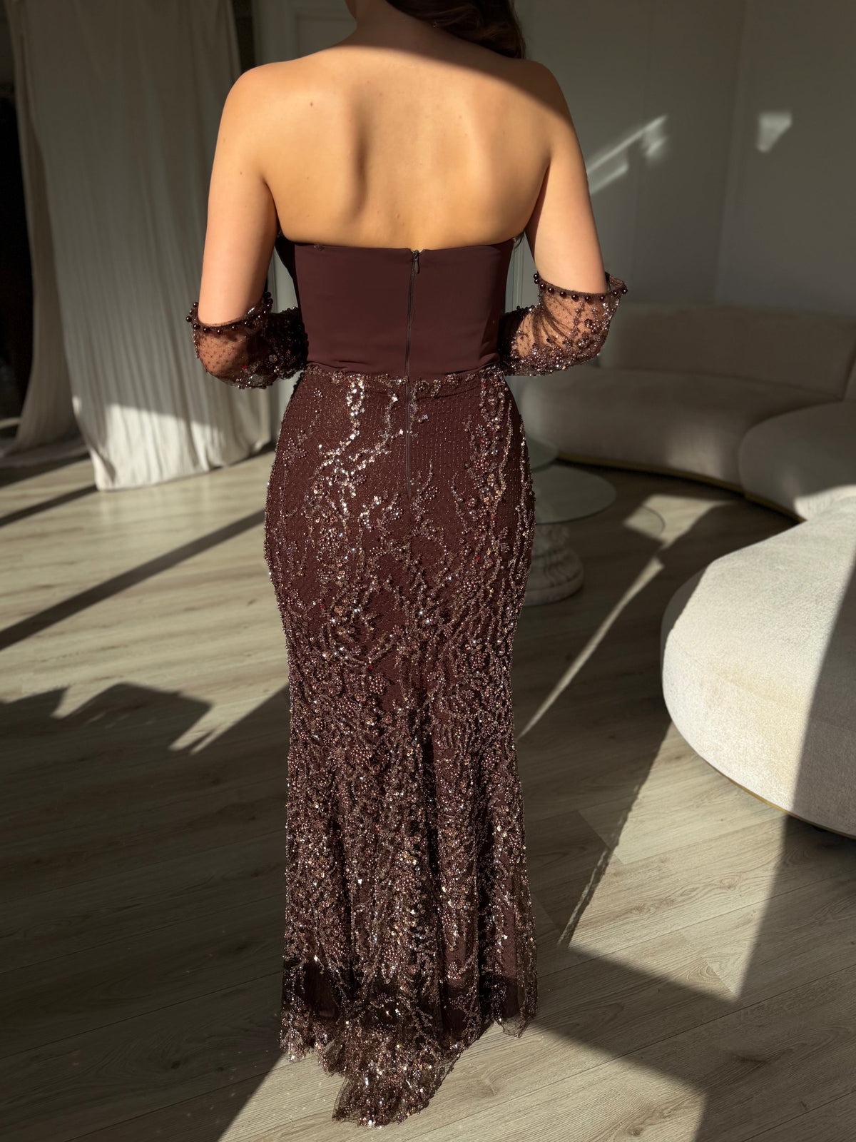Strapless Corset Evening Gown with Beaded Sleeves