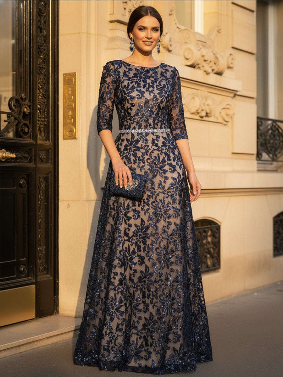 3/4 Sleeve A-Line Lace Evening Gown with Beaded Belt