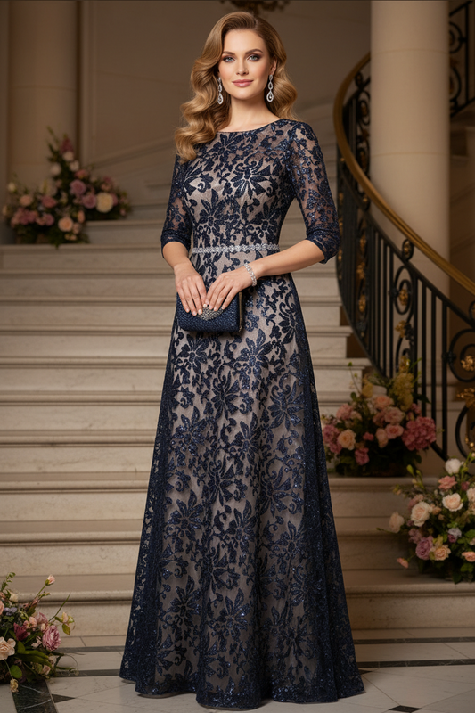 3/4 Sleeve A-Line Lace Evening Gown with Beaded Belt