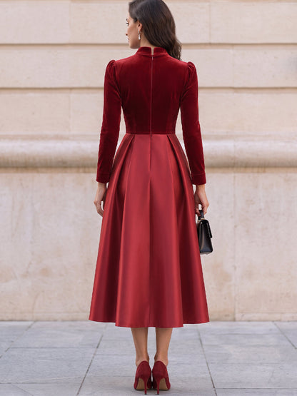 Velvet and Satin High-Neck Pleated Midi Dress