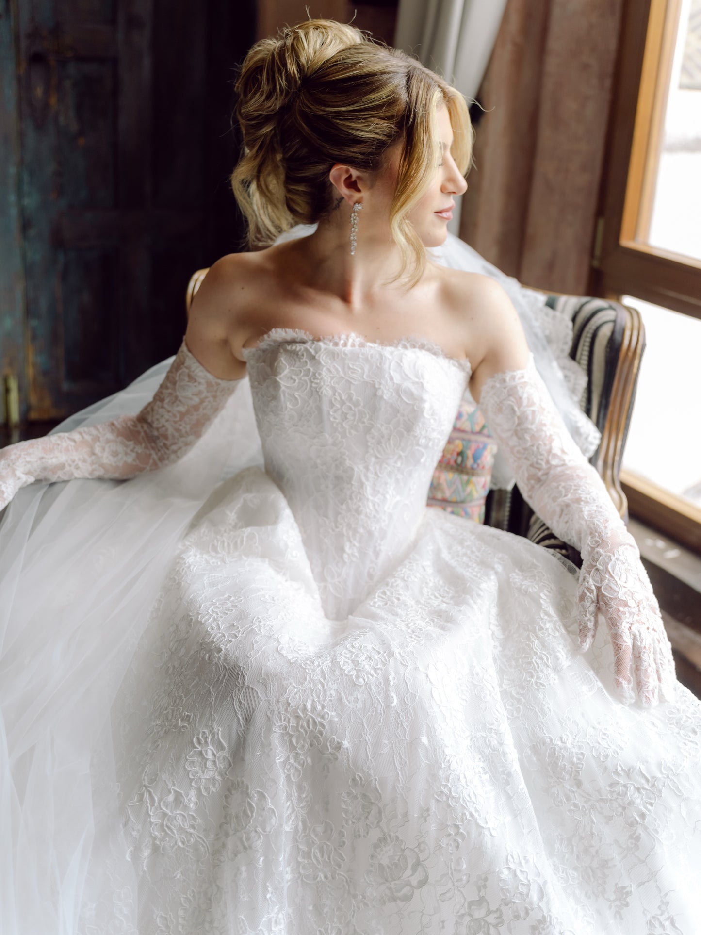 Strapless Lace Ball Gown Wedding Dress with Long Train