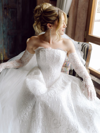 Strapless Lace Ball Gown Wedding Dress with Long Train