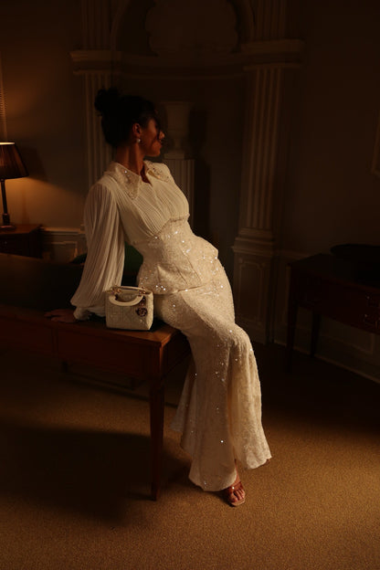 Pleated Blouse & Sequin Corset Evening Gown