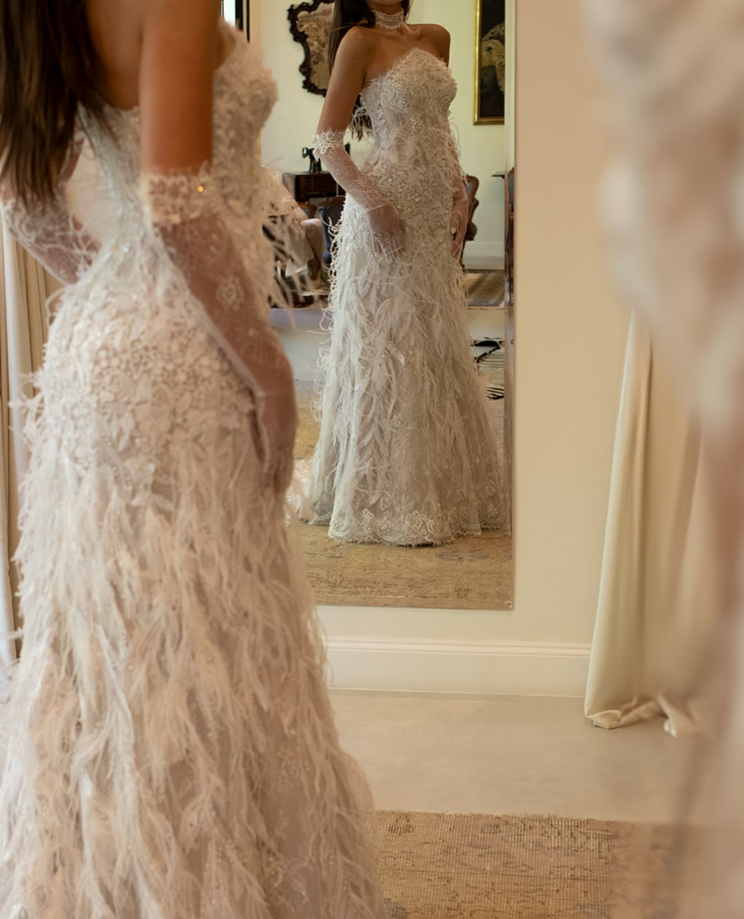 Strapless Feather Embellished Lace Wedding Dress
