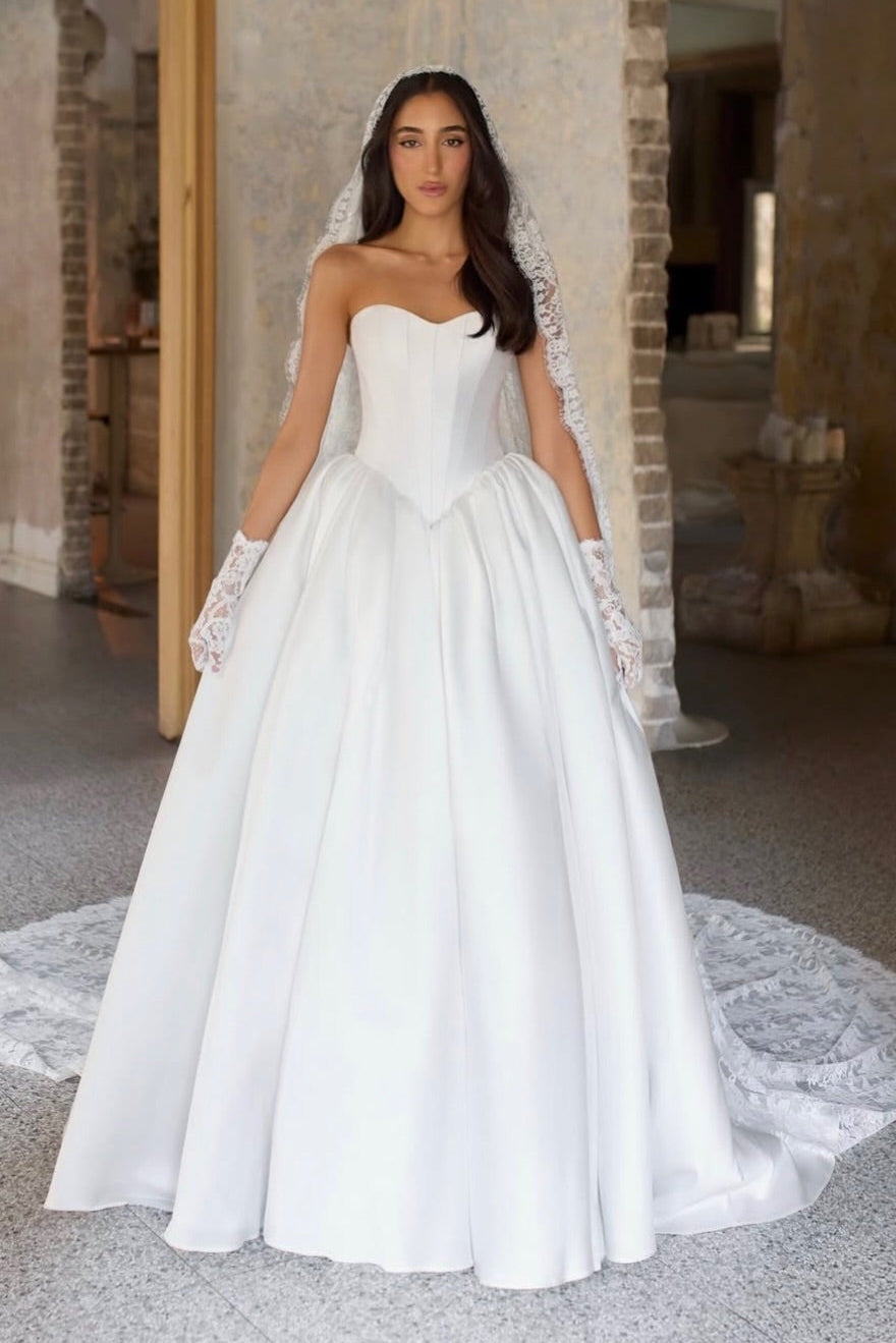 Strapless Basq-Waist Satin Ball Gown Wedding Dress