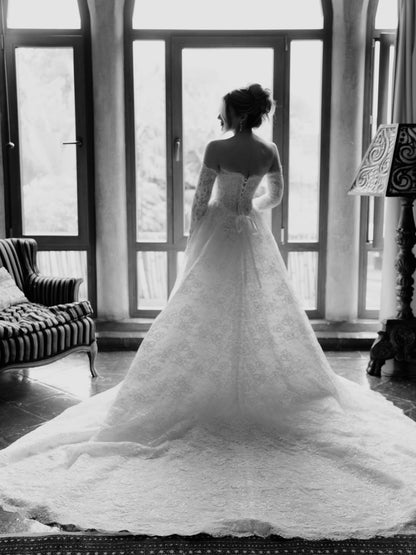 Strapless Lace Ball Gown Wedding Dress with Long Train