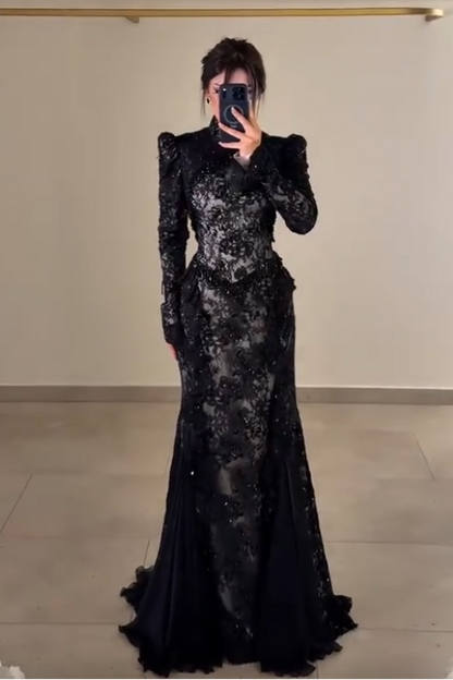 High-Neck Lace Mermaid Gown with Puff Sleeves
