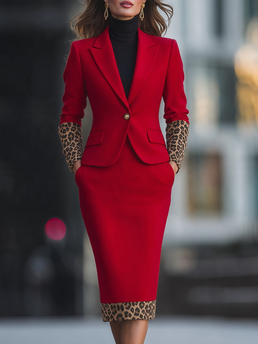 Tailored Blazer and Midi Skirt Set with Leopard Trim