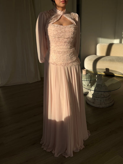Embellished Lace & Chiffon Gown with Bishop Sleeves