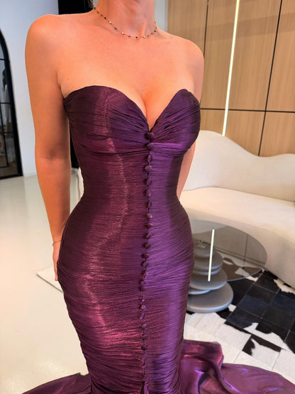 Ruched Mermaid Gown with Covered Buttons