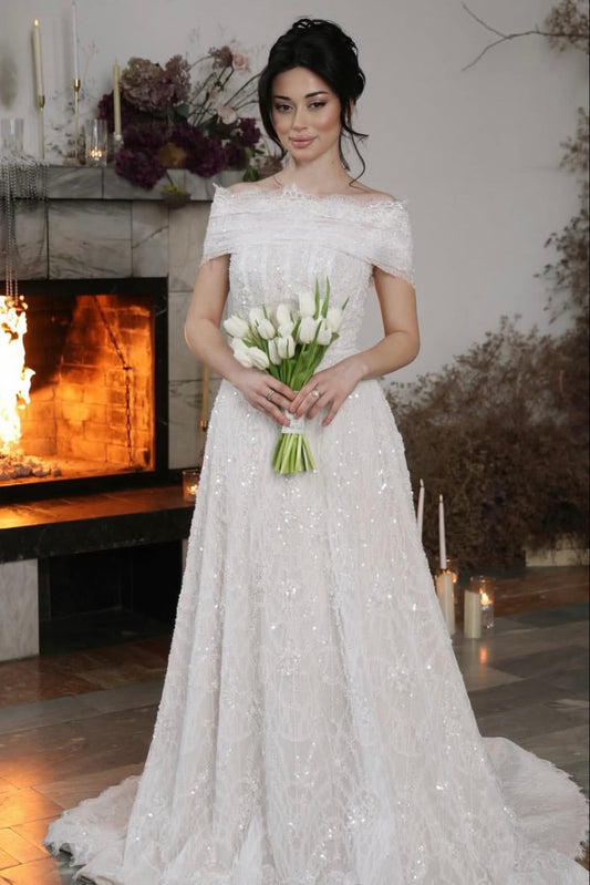 Off-the-Shoulder Sequin Lace A-Line Wedding Dress