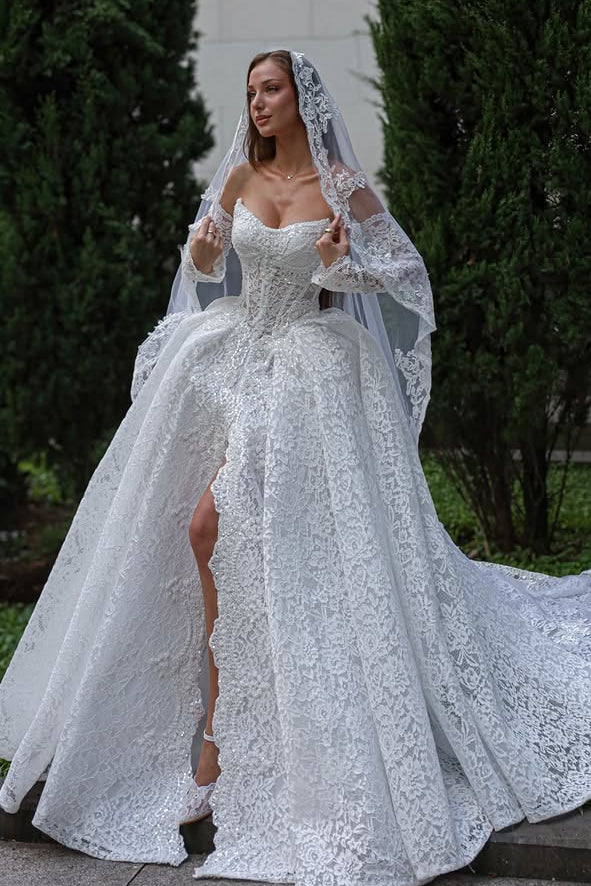 Lace Corset Ball Gown Wedding Dress with Slit