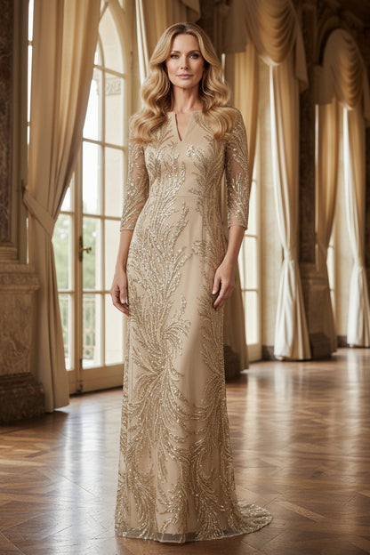 Sequin Embroidered 3/4 Sleeve Column Gown