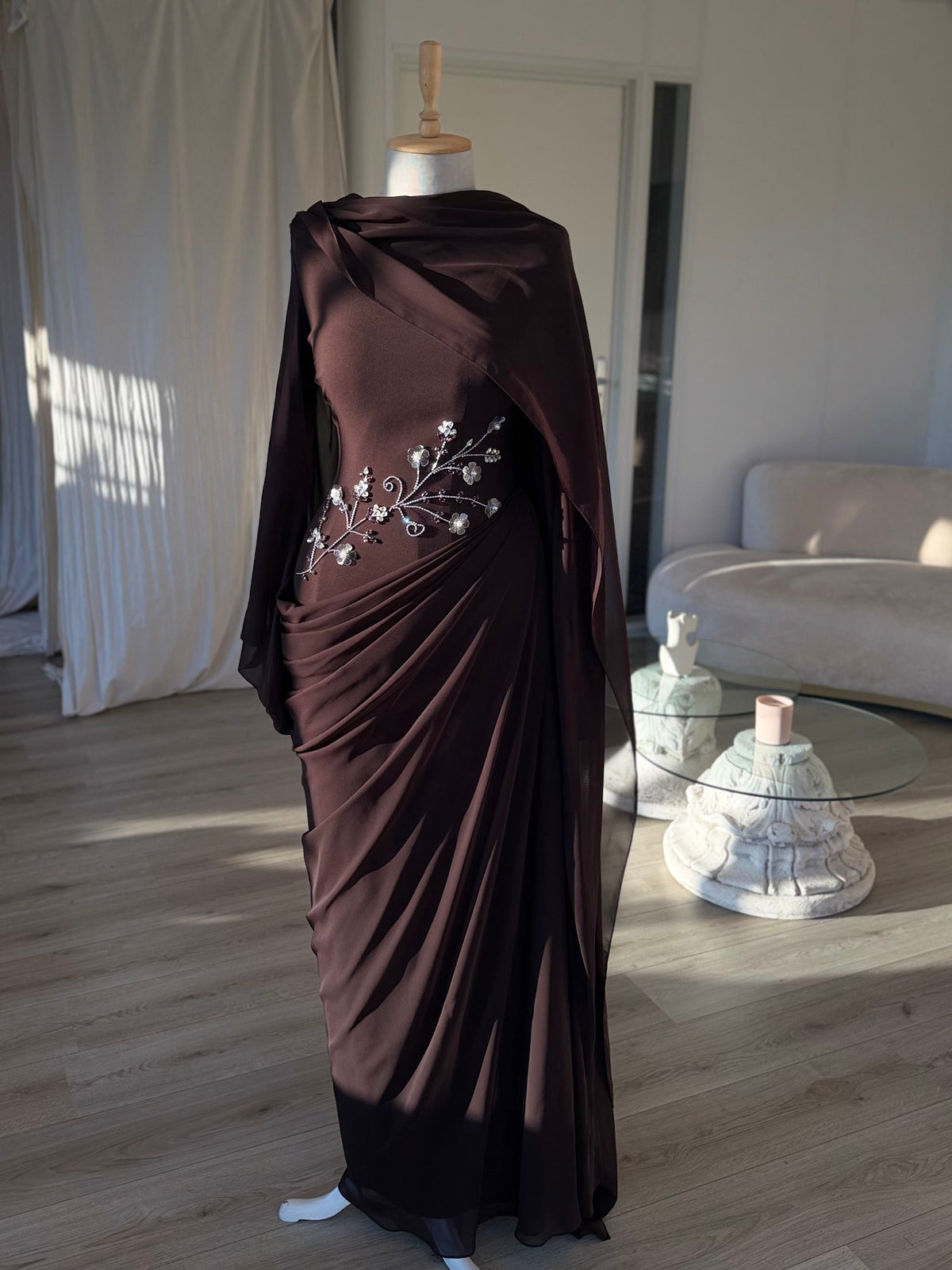 Draped Cape Sleeve Gown with Beaded Waist Detail