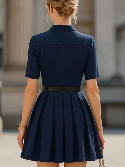 Collared Zip-Front Pleated Mini Dress with Belt
