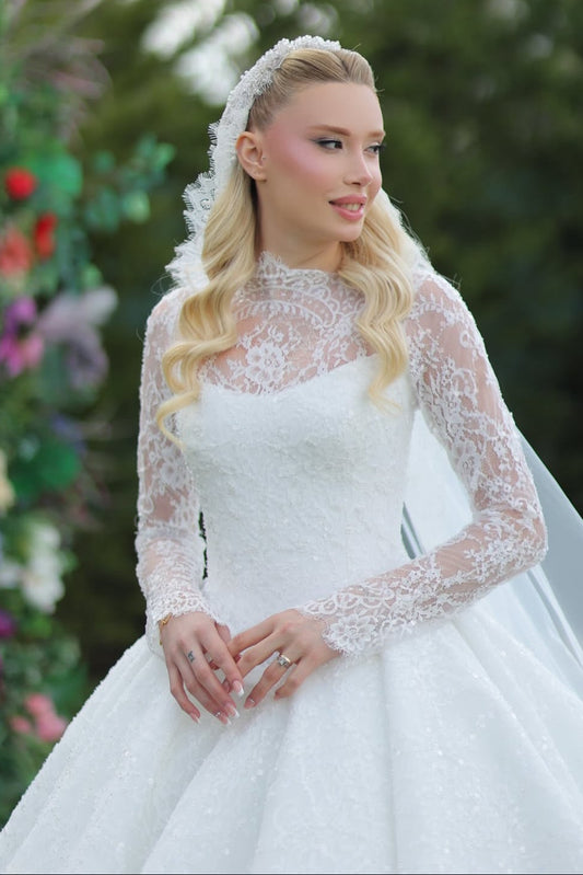 High Neck Lace Long Sleeve Ball Gown Wedding Dress