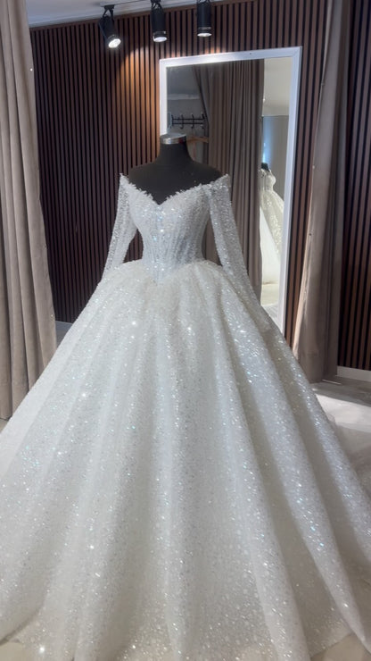 Sparkle Ball Gown Wedding Dress with Long Sleeves
