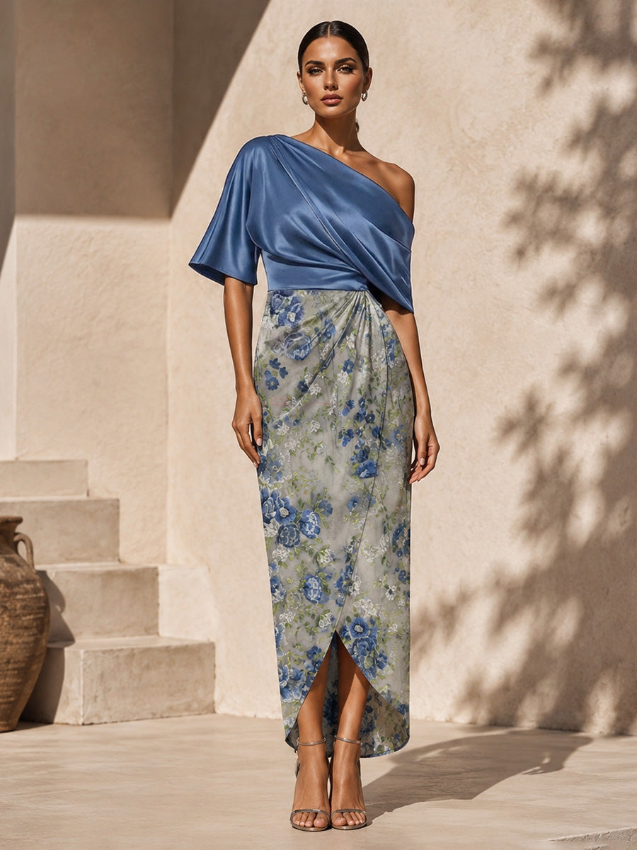 One-Shoulder Draped Midi Dress with Floral Skirt