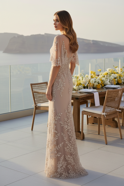 Embroidered Illusion Cape Sleeve Column Gown