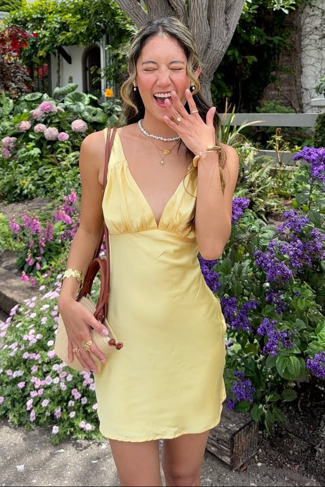 Satin V-Neck Tie-Back Mini Slip Dress