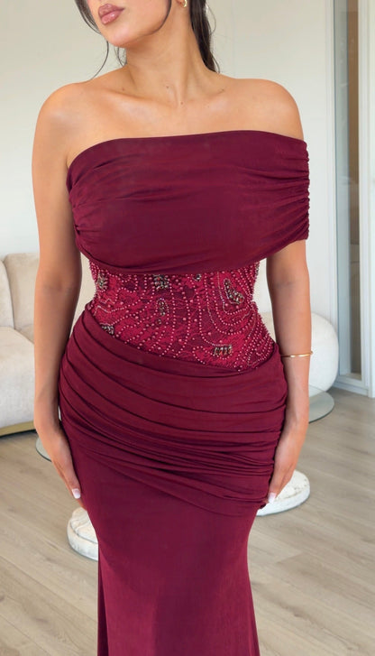Ruched Asymmetric Gown with Beaded Waist