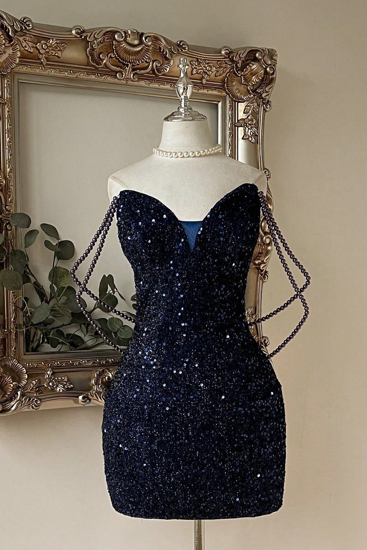Sweetheart Sequin Mini Dress with Beaded Drapes