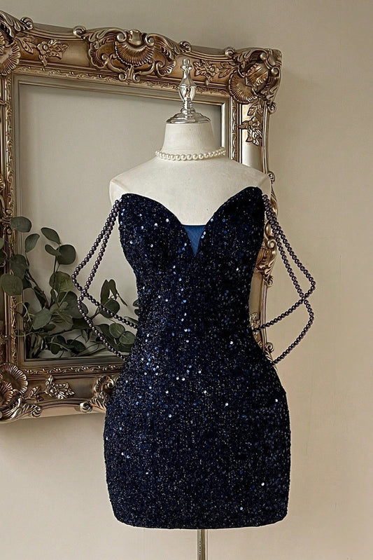 Sweetheart Sequin Mini Dress with Beaded Drapes