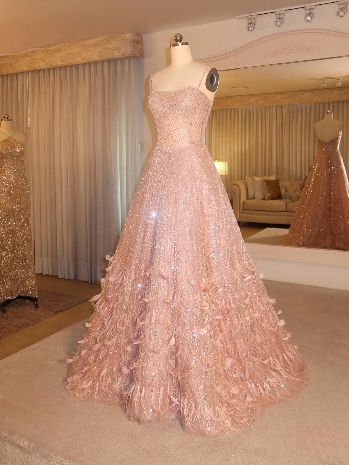 Beaded Feather Ball Gown Evening Dress