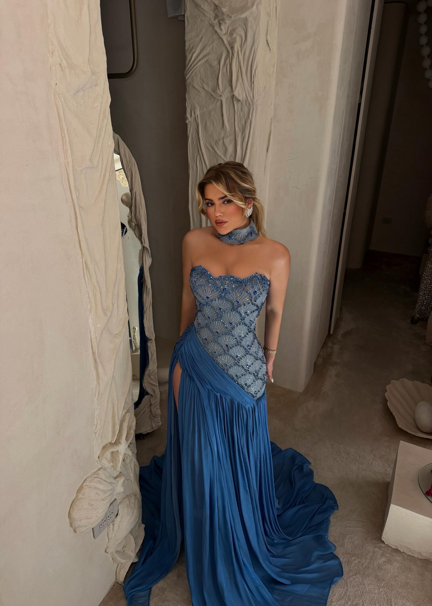 Strapless Beaded Corset Evening Gown with Slit