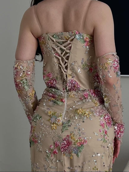 Floral Sequin Corset Evening Gown with Sleeves