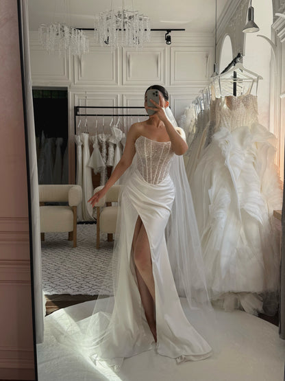 Strapless Beaded Corset Gown with High Slit