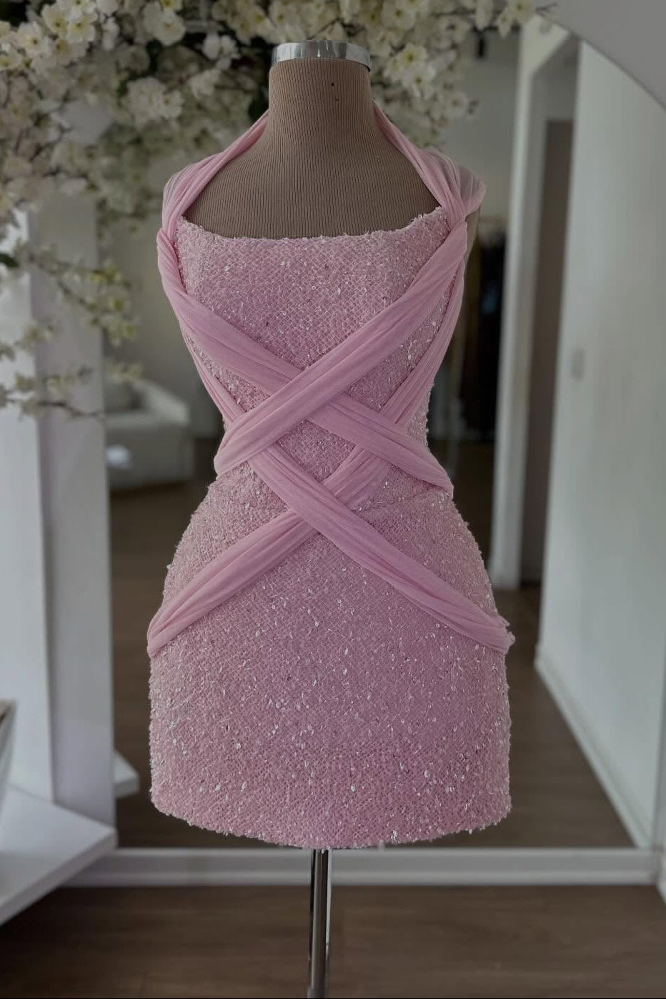 Sequined Mini Dress with Crisscross Chiffon Draping