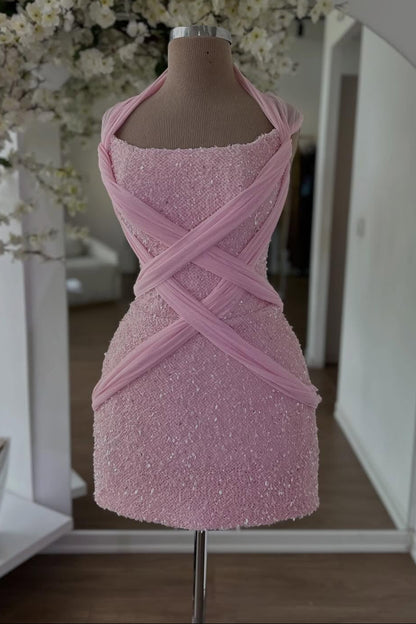 Sequined Mini Dress with Crisscross Chiffon Draping
