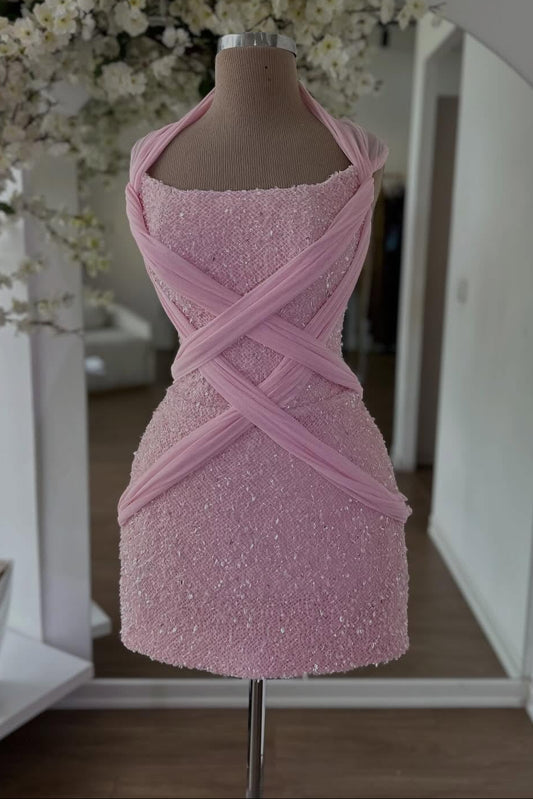 Sequined Mini Dress with Crisscross Chiffon Draping