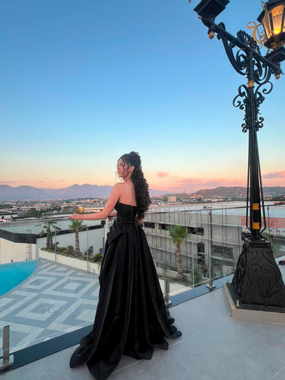 Strapless Satin A-Line Evening Gown with High Slit