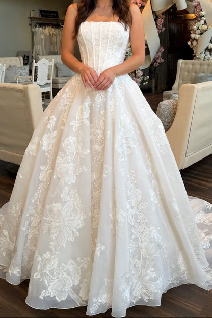 Strapless Corset Floral Lace Ball Gown Wedding Dress