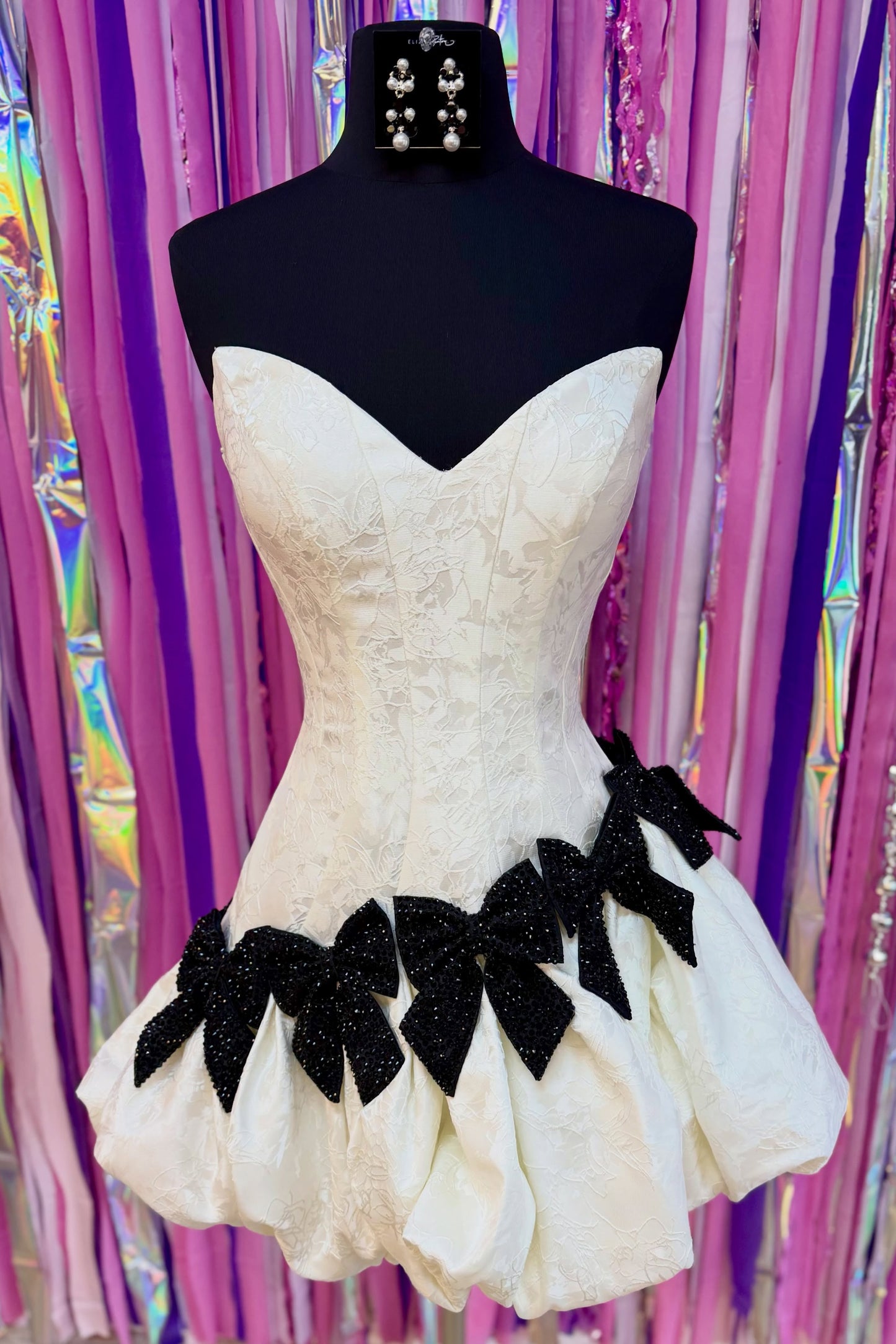 Strapless Jacquard Mini Dress with Bow Details